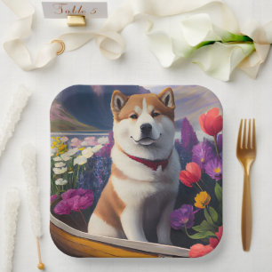 Akita Dog on a Paddle: Ein Landschaftliches Abente Pappteller
