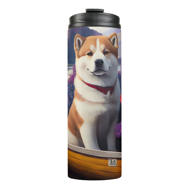 Akita Dog on a Paddle: Ein Landschaftliches Abente Thermosbecher (Vorderseite)