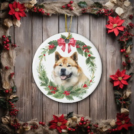 Akita Dog Red Bow Holly Wreath Keramik Ornament
