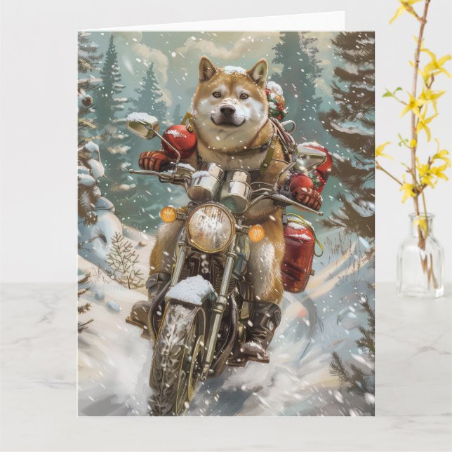 Akita Dog Riding Motorrad Weihnachten Karte (Gelbe Blume)