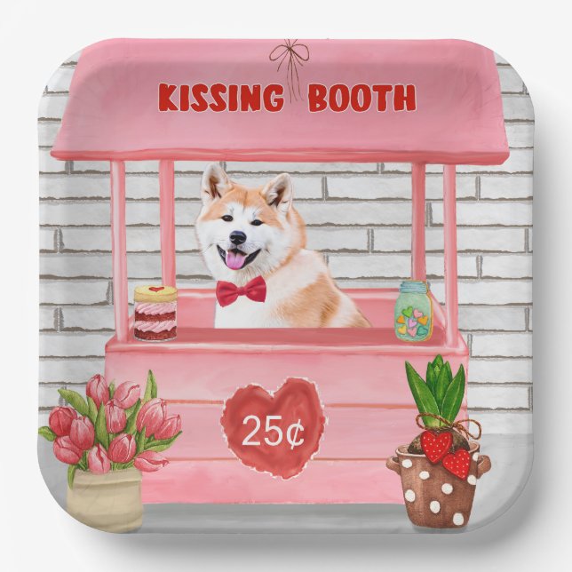 Akita Dog Valentine's Day Kissing Booth Pappteller (Vorderseite)