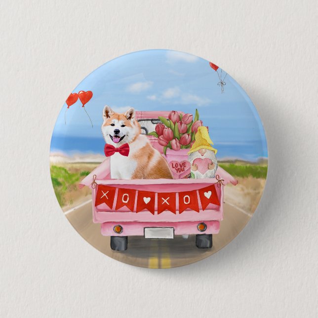 Akita Dog Valentine's Day Lkw Herz Button (Vorderseite)