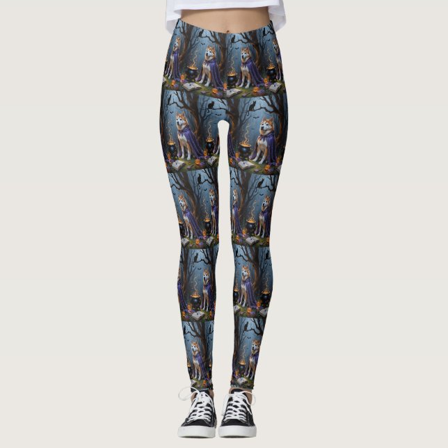 Akita Dog Whimsical Halloween Malerei Leggings (Vorderseite)