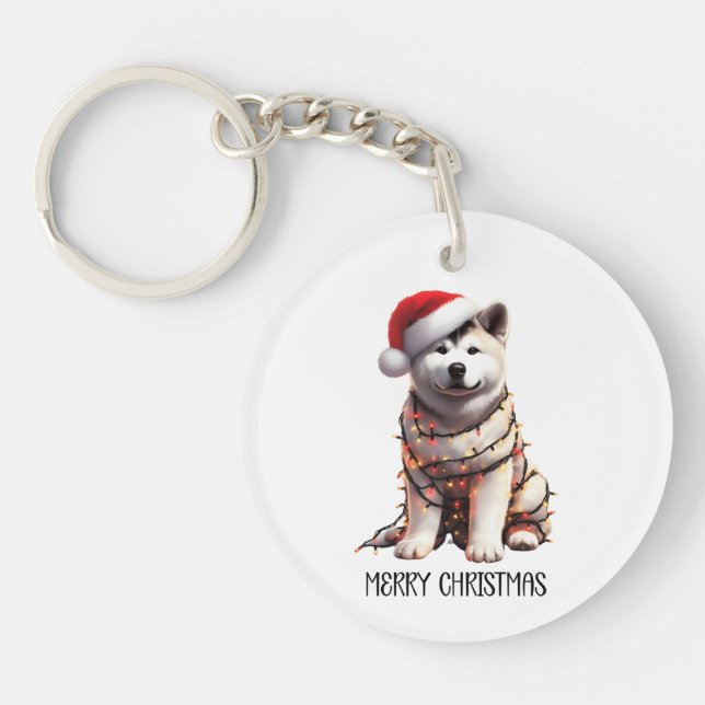 Akita Dog wrag in Weihnachtslicht Schlüsselanhänger (Vorderseite)