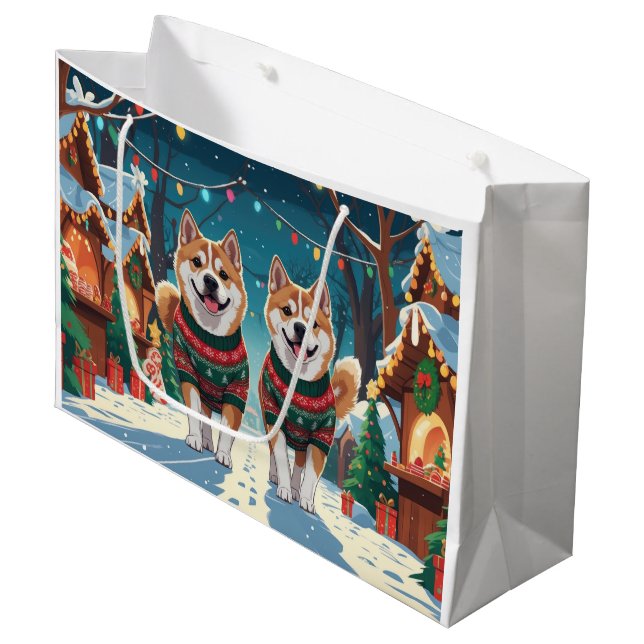 Akita Dogs Christmas Snow Holiday Große Geschenktüte (Vorderseite Schrägansicht)