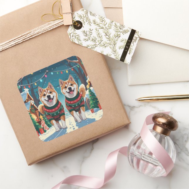 Akita Dogs Christmas Snow Holiday Quadratischer Aufkleber (Schenken)