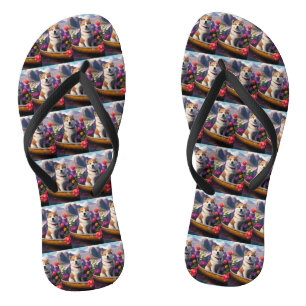 Akita-Hund auf einem Paddel: Ein landschaftliches Flip Flops