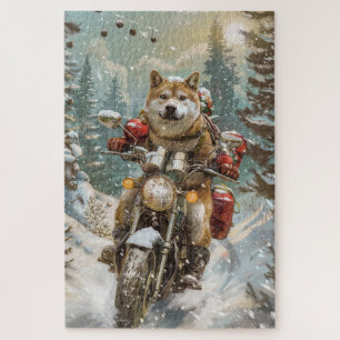 Akita Hund fährt Motorrad Weihnachten