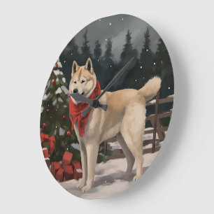 Akita-Hund im Schnee Weihnachten Große Wanduhr