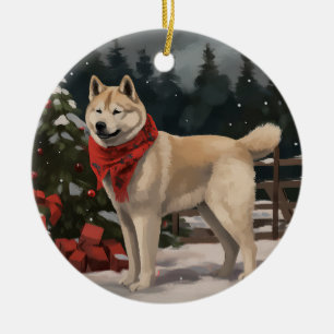 Akita-Hund im Schnee Weihnachten Keramik Ornament