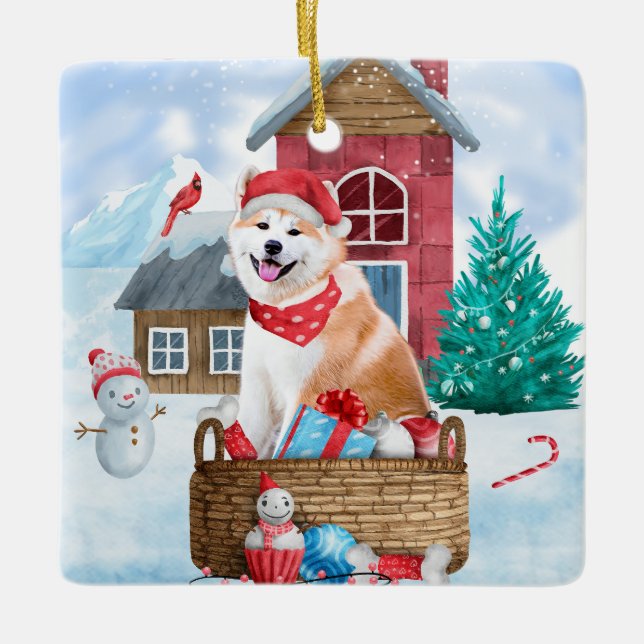 Akita Hund im Schnee Weihnachts-Hundehaus Keramikornament (Vorderseite)