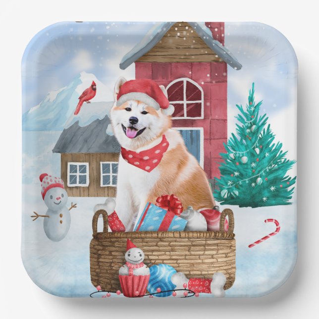 Akita Hund im Schnee Weihnachts-Hundehaus Pappteller (Vorderseite)