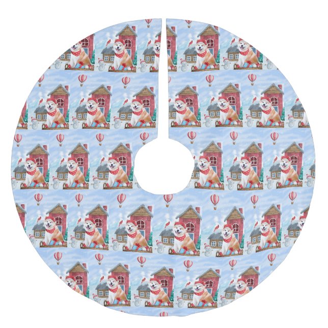 Akita Hund im Schnee Weihnachts-Hundehaus Polyester Weihnachtsbaumdecke (Vorderseite)