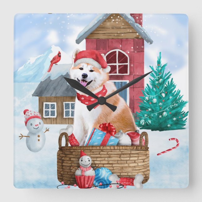 Akita Hund im Schnee Weihnachts-Hundehaus Quadratische Wanduhr (Vorderseite)