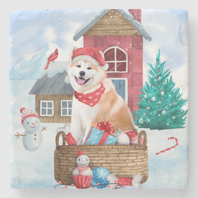 Akita Hund im Schnee Weihnachts-Hundehaus Steinuntersetzer (Vorderseite)