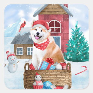 Akita-Hund im Schnee Weihnachtshundehaus Quadratischer Aufkleber