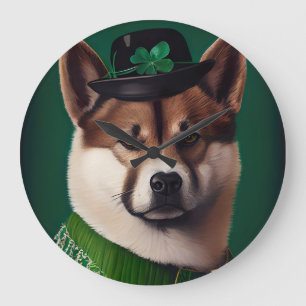 Akita-Hund im St. Patrick's Day-Kleid Große Wanduhr