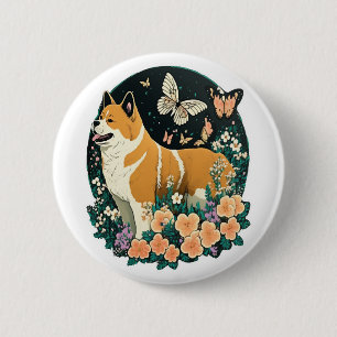 Akita Hund mit Blume und Schmetterling T Shirt Button