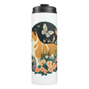Akita Hund mit Blume und Schmetterling T Shirt Thermosbecher