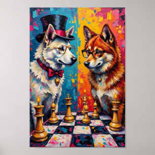 Akita Hund spielt Schach Pop Art Poster