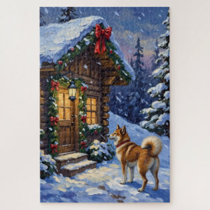 Akita-Hund-Weihnachts-Blockhütte-Urlaub