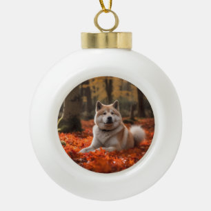 Akita im Herbst inspiriert von fallenden Blättern Keramik Kugel-Ornament