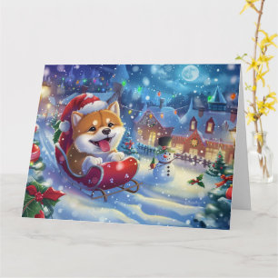 Akita in Sleigh Snow Weihnachten Karte