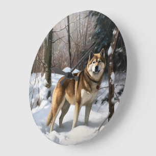 Akita Lass es schneien Weihnachten Große Wanduhr