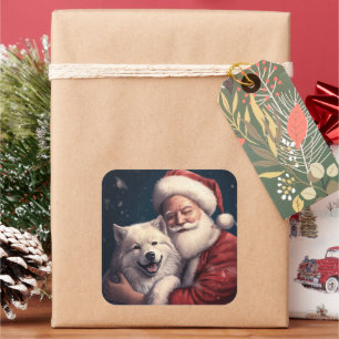 Akita mit dem Weihnachtsmann Weihnachten Quadratischer Aufkleber
