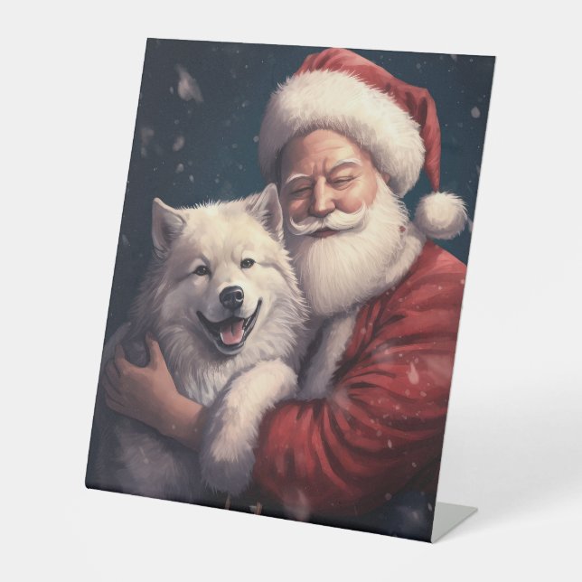 Akita mit dem Weihnachtsmann Weihnachten Sockelschild (Vorderseite)