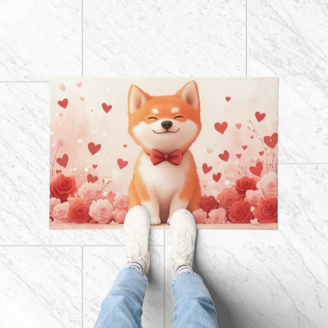 Akita mit Rose - Valentinstag Fußmatte (Indoor)