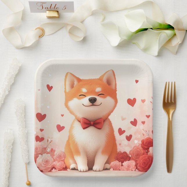 Akita mit Rose - Valentinstag Pappteller (Hochzeit)