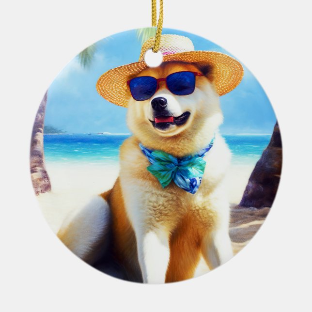 Akita on Beach, Sommergeschenk für Hundefreunde Ge Keramik Ornament (Vorne)