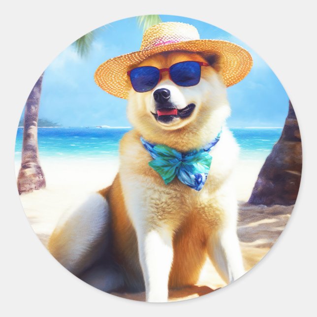 Akita on Beach, Sommergeschenk für Hundefreunde Ge Runder Aufkleber (Vorderseite)