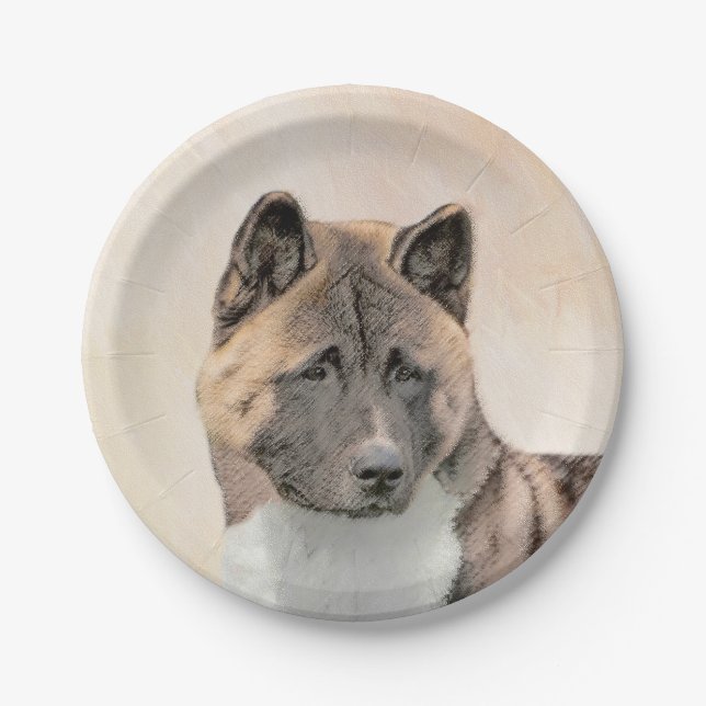 Akita Painting - Niedliche Original Hunde Kunst Pappteller (Vorderseite)