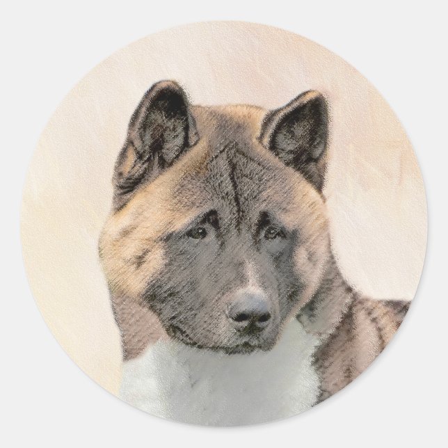 Akita Painting - Niedliche Original Hunde Kunst Runder Aufkleber (Vorderseite)