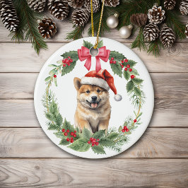 Akita Puppy Dog Red Bow Holly Wreath Keramik Ornament