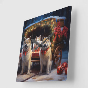 Akita Schneebedeckte Schlittenfahrt Weihnachtsdeko Quadratische Wanduhr