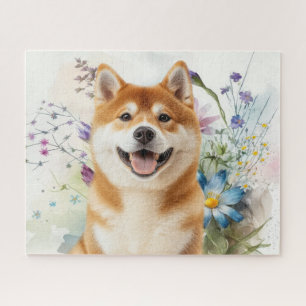Akita Shiba Inu Hund mit blauen Wasserfarbenblumen