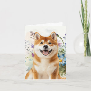 Akita Shiba Inu Hund mit blauen Wasserfarbenblumen