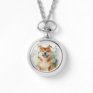 Akita Shiba Inu Hund mit blauen Wasserfarbenblumen Armbanduhr