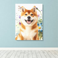 Akita Shiba Inu Hund mit blauen Wasserfarbenblumen