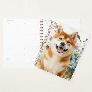 Akita Shiba Inu Hund mit blauen Wasserfarbenblumen Planer