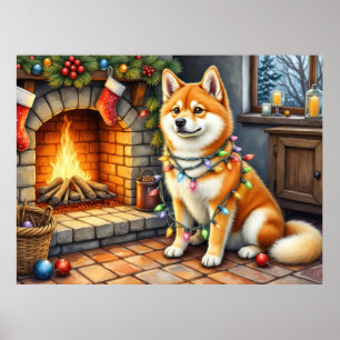 Akita sitzt neben dem Kamin mit Weihnachtsbeleucht Poster