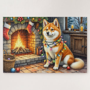 Akita sitzt neben dem Kamin mit Weihnachtslichtern
