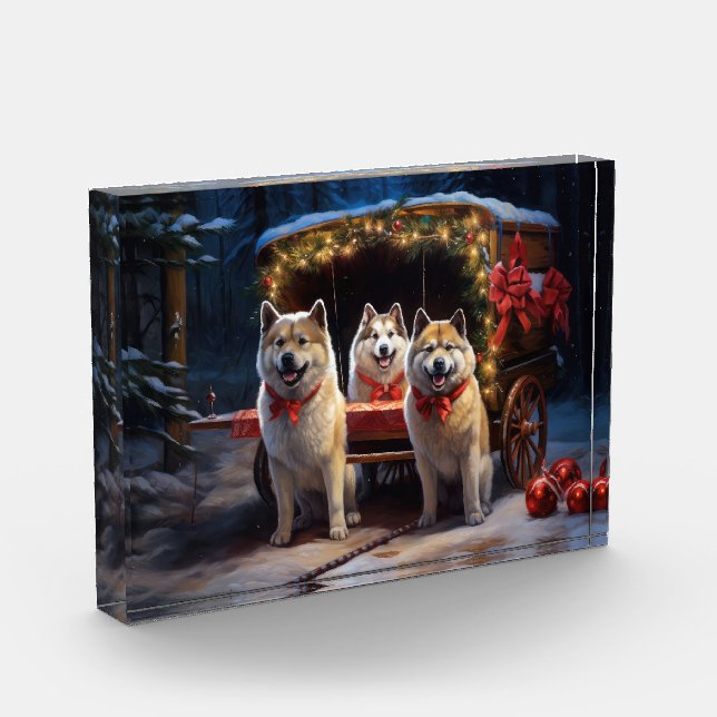 Akita Snowy Sleigh Ride Weihnachtsdekor Fotoblock (Links)