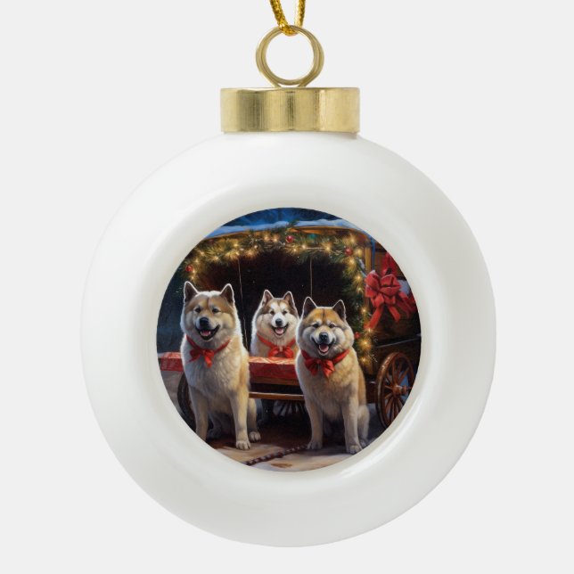 Akita Snowy Sleigh Ride Weihnachtsdekor Keramik Kugel-Ornament (Vorderseite)