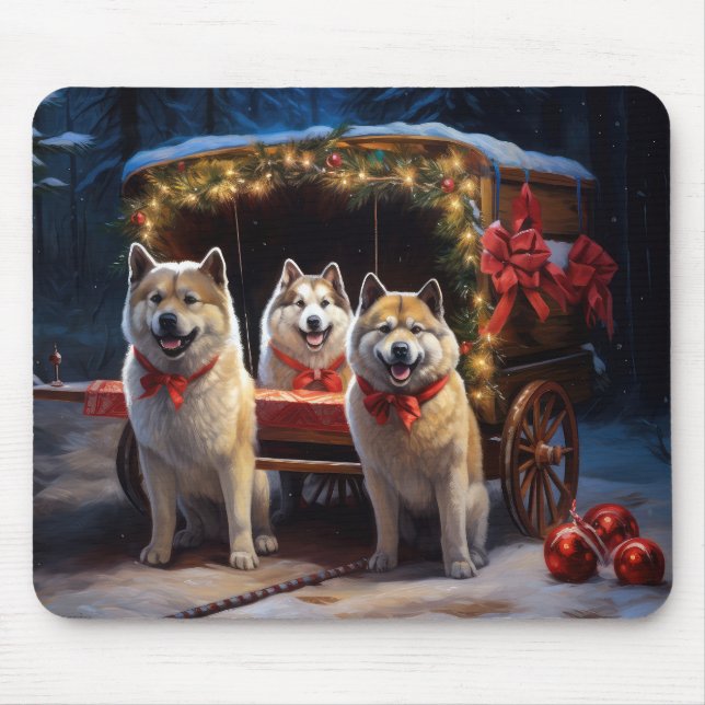 Akita Snowy Sleigh Ride Weihnachtsdekor Mousepad (Vorne)