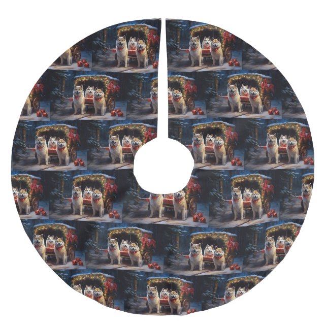 Akita Snowy Sleigh Ride Weihnachtsdekor Polyester Weihnachtsbaumdecke (Vorderseite)