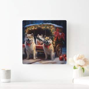 Akita Snowy Sleigh Ride Weihnachtsdekor Quadratische Wanduhr